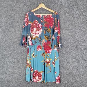 Roz & Ali Dress Women 2X Plus Blue Floral Shift Midi Zipper 3/4 Sleeve Casual